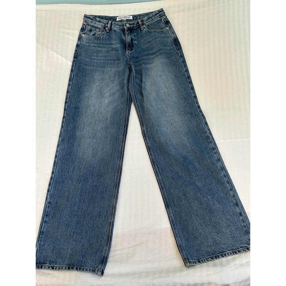 Sky Dolls Women Wide Leg Jeans Size 32 Medium Wash Tall Inseam Denim
